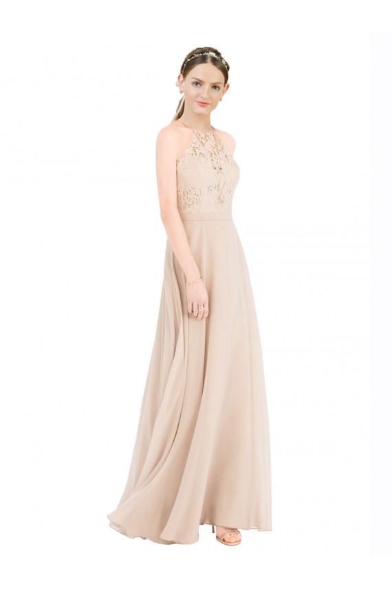 Champagne Trapèze Licou Col Haut Mousseline Dentelle Longue Robes demoiselle d'honneur / Robes de bal Pas Chère