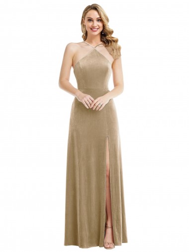 Champagne Trapèze Licou Col Haut Velours Stretch Longue Robes demoiselle d'honneur / Robes de bal Pas Chre