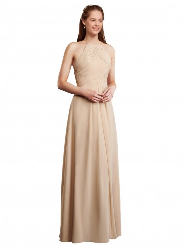 Champagne Trapèze Licou Mousseline Longue Robes demoiselle d'honneur Pas Chre
