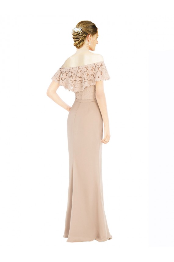 Champagne Trapèze Épaule Dénudée Mousseline Dentelle Longue Robes demoiselle d'honneur / Robes de bal Pas Chère