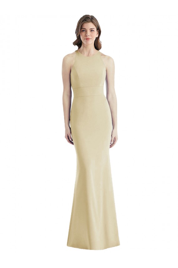 Champagne Trompette Bateau Crêpe Stretch Longue Robes demoiselle d'honneur / Robes de bal Pas Chère