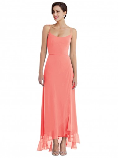 Corail Trapèze Bretelles spaghetti Scoop Mousseline Longue Asymétrique Robes demoiselle d'honneur Pas Chre
