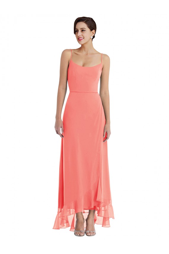 Corail Trapèze Bretelles spaghetti Scoop Mousseline Longue Asymétrique Robes demoiselle d'honneur Pas Chère