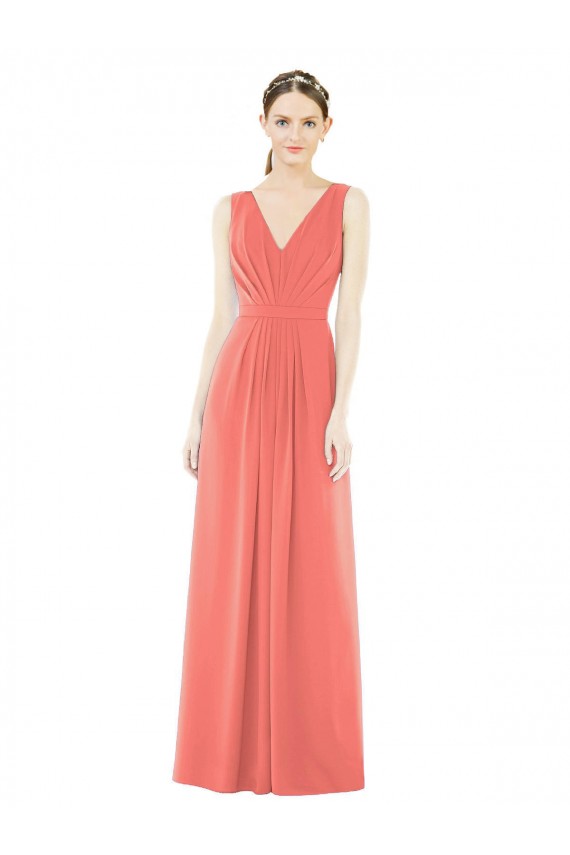 Corail Trapèze Col V Mousseline Longue Robes demoiselle d'honneur Pas Chère