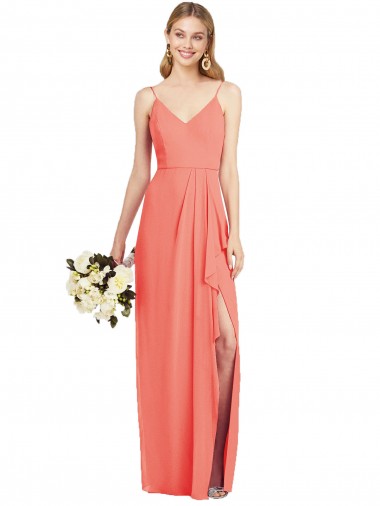 Corail Trompette Bretelles spaghetti Col V Mousseline Longue Robes demoiselle d'honneur Pas Chre