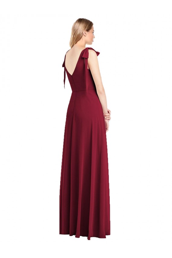 Corail Trompette Col V Mousseline Longue Robes demoiselle d'honneur Pas Chère