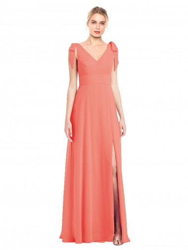 Corail Trompette Col V Mousseline Longue Robes demoiselle d'honneur Pas Chre