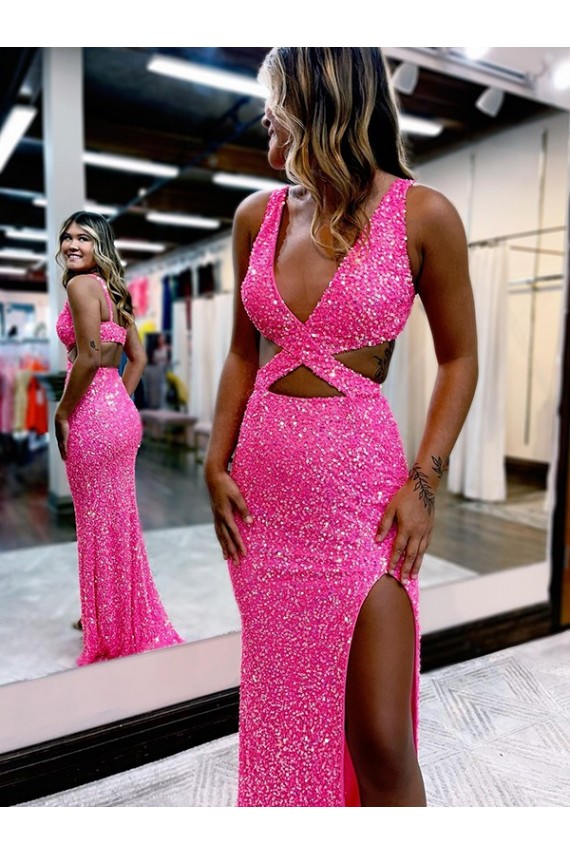 Couleur affichée Fourreau Col V Balayage train Paillettes Velours Longue Robes de bal Pas Chère