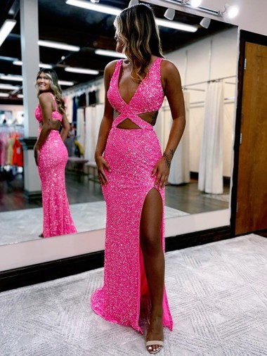 Couleur affichée Fourreau Col V Balayage train Paillettes Velours Longue Robes de bal Pas Chre
