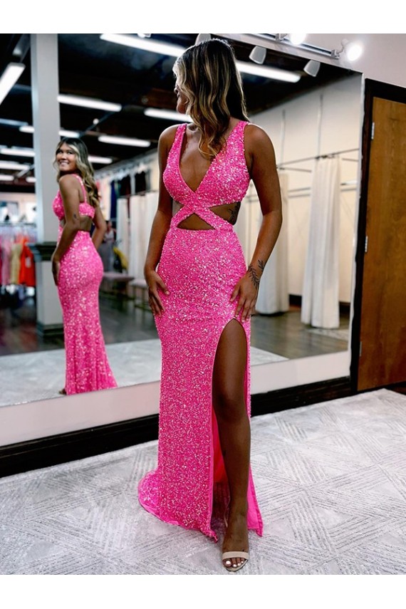 Couleur affichée Fourreau Col V Balayage train Paillettes Velours Longue Robes de bal Pas Chère