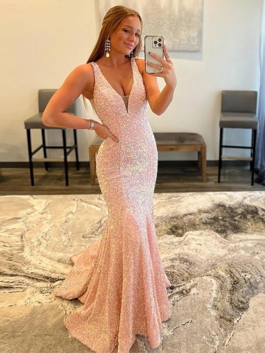 Couleur affichée Fourreau Col V Balayage train Paillettes Velours Longue Robes de bal Pas Chre