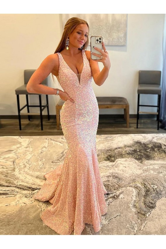 Couleur affichée Fourreau Col V Balayage train Paillettes Velours Longue Robes de bal Pas Chère