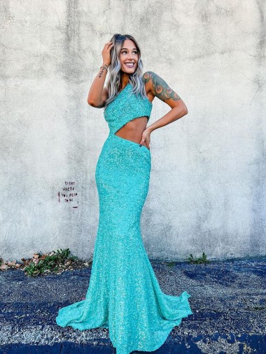 Couleur affichée Sirène Balayage train Paillettes Velours Longue Robes de bal Pas Chre