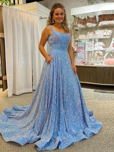 Couleur affichée Trapèze Scoop Traîne moyenne Paillettes Velours Longue Robes de bal Pas Chre