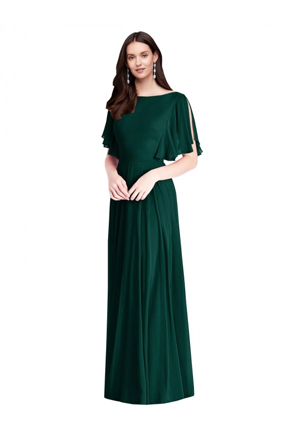 Evergreen Trapèze Bateau Mousseline Longue Robes demoiselle d'honneur Pas Chère