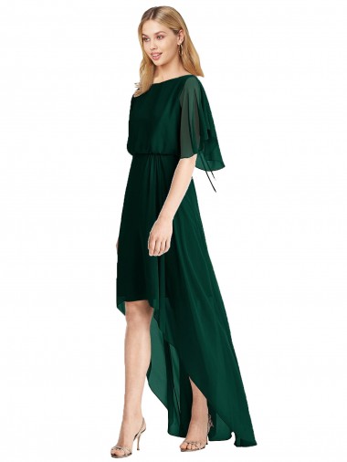 Evergreen Trapèze Col rond Mousseline Longue Asymétrique Robes demoiselle d'honneur Pas Chre