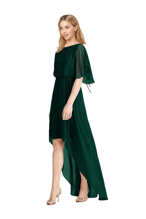 Evergreen Trapèze Col rond Mousseline Longue Asymétrique Robes demoiselle d'honneur Pas Chère