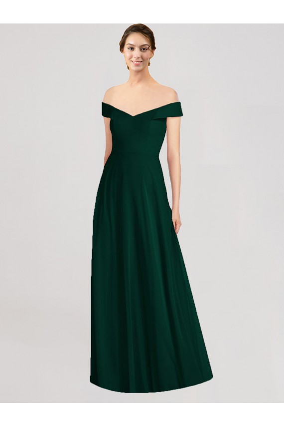 Evergreen Trapèze Épaule Dénudée Col V Mousseline Longue Robes demoiselle d'honneur Pas Chère