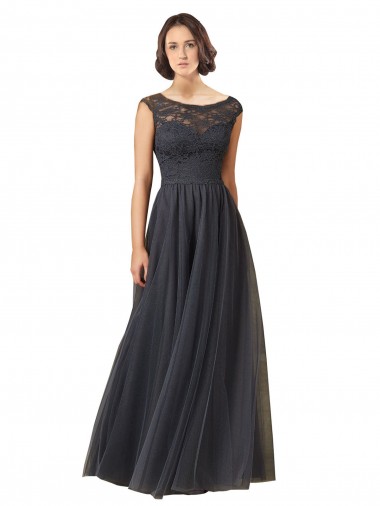 Gris ardoise Trapèze Bateau Tulle Dentelle Longue Robes demoiselle d'honneur Pas Chre