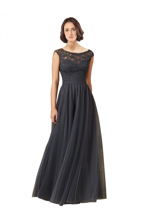 Gris ardoise Trapèze Bateau Tulle Dentelle Longue Robes demoiselle d'honneur Pas Chère