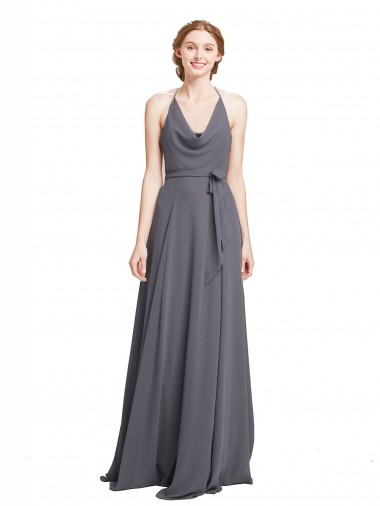 Gris ardoise Trapèze Bretelles spaghetti Mousseline Longue Robes demoiselle d'honneur Pas Chre