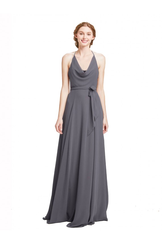 Gris ardoise Trapèze Bretelles spaghetti Mousseline Longue Robes demoiselle d'honneur Pas Chère