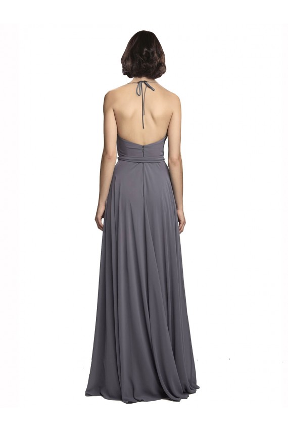 Gris ardoise Trapèze Bretelles spaghetti Mousseline Longue Robes demoiselle d'honneur Pas Chère