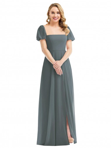 Gris ardoise Trapèze Col Carré Mousseline Longue Robes demoiselle d'honneur Pas Chre