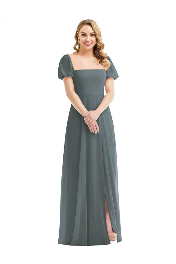 Gris ardoise Trapèze Col Carré Mousseline Longue Robes demoiselle d'honneur Pas Chère