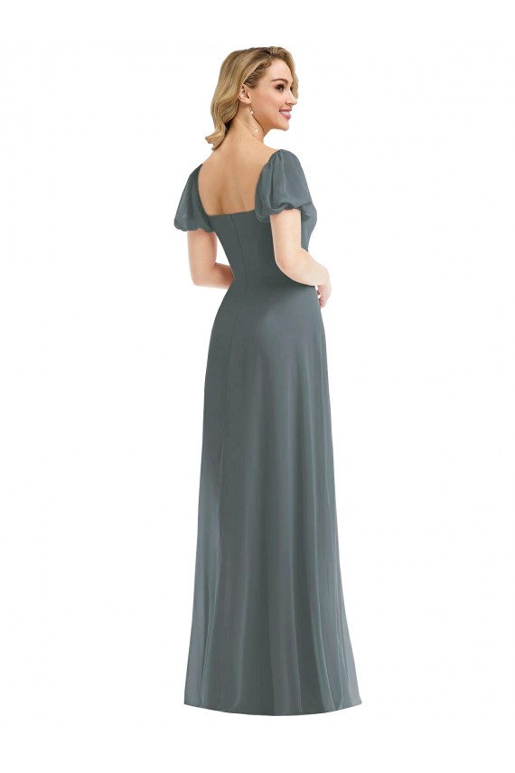 Gris ardoise Trapèze Col Carré Mousseline Longue Robes demoiselle d'honneur Pas Chère