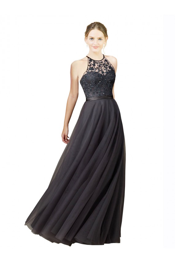 Gris ardoise Trapèze Tulle Dentelle Longue Robes demoiselle d'honneur Pas Chère