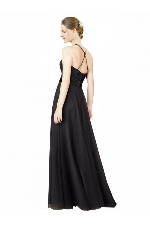 Gris ardoise Trapèze Tulle Dentelle Longue Robes demoiselle d'honneur Pas Chère