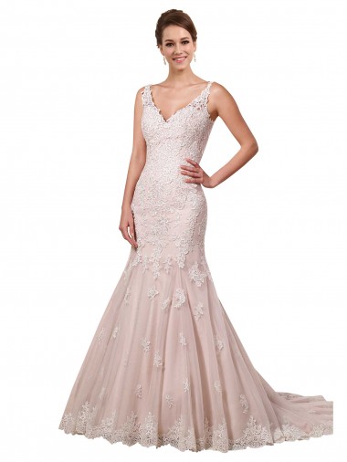 Ivoire & Blush Sirène Col V Tulle Dentelle Robes de mariée Pas Chre