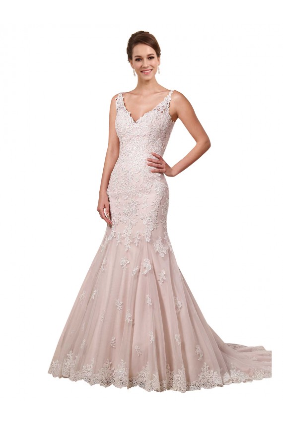 Ivoire & Blush Sirène Col V Tulle Dentelle Robes de mariée Pas Chère