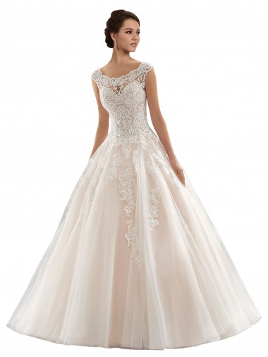 Ivoire & Champagne Princesse Bateau Tulle Dentelle Robes de mariée Pas Chre