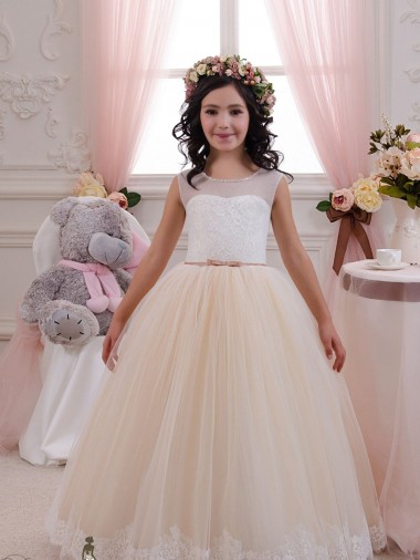 Ivoire & Champagne Princesse Tulle Dentelle Longue Robes de demoiselle d'honneur - fillette Pas Chre