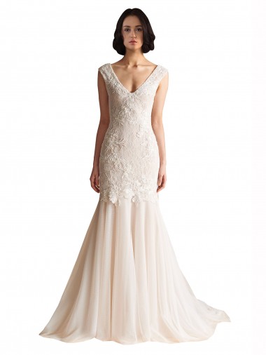 Ivoire & Champagne Sirène Col V Balayage train Tulle Robes de mariée Pas Chre