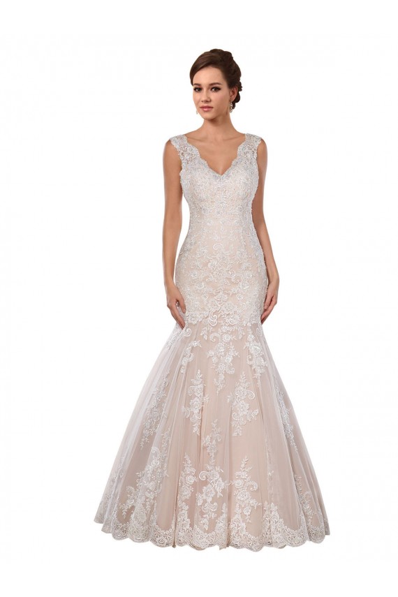 Ivoire & Champagne Sirène Col V Dentelle Classique Robes de mariée Pas Chère