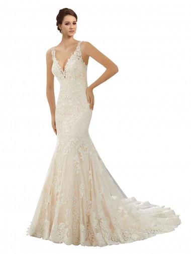 Ivoire & Champagne Sirène Col V Dentelle Robes de mariée Pas Chre