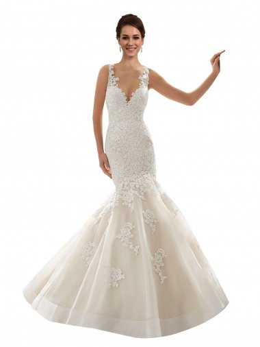 Ivoire & Champagne Sirène Col V Tulle Dentelle Classique Robes de mariée Pas Chre