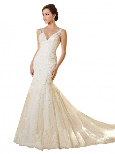Ivoire & Champagne Sirène Col V Tulle Dentelle Robes de mariée Pas Chre