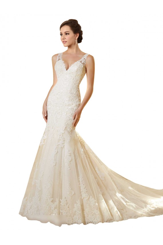 Ivoire & Champagne Sirène Col V Tulle Dentelle Robes de mariée Pas Chère