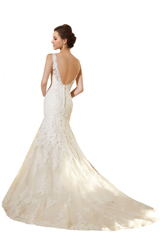 Ivoire & Champagne Sirène Col V Tulle Dentelle Robes de mariée Pas Chère