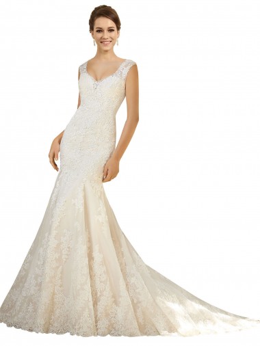 Ivoire & Champagne Sirène Col V Tulle Dentelle Robes de mariée Pas Chre