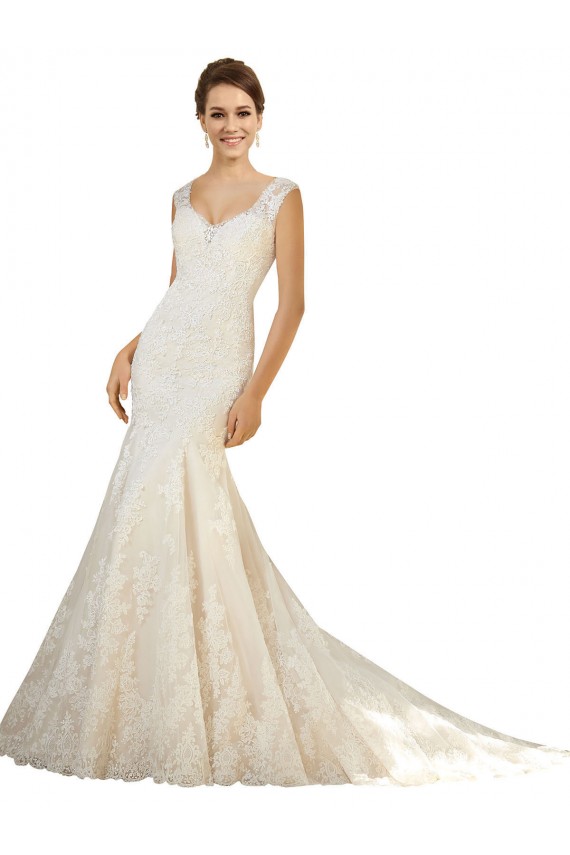 Ivoire & Champagne Sirène Col V Tulle Dentelle Robes de mariée Pas Chère