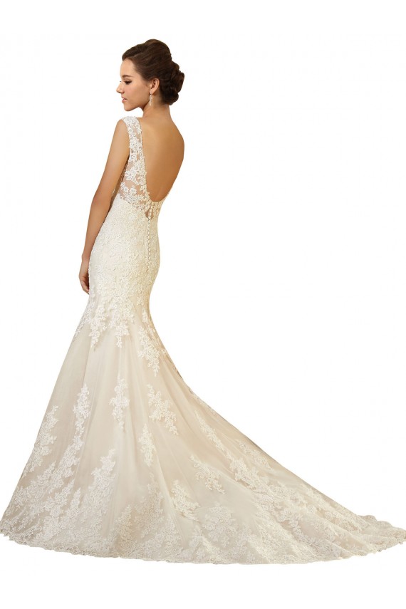Ivoire & Champagne Sirène Col V Tulle Dentelle Robes de mariée Pas Chère