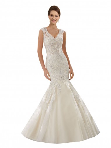 Ivoire & Champagne Sirène Col V Tulle Dentelle Robes de mariée Pas Chre