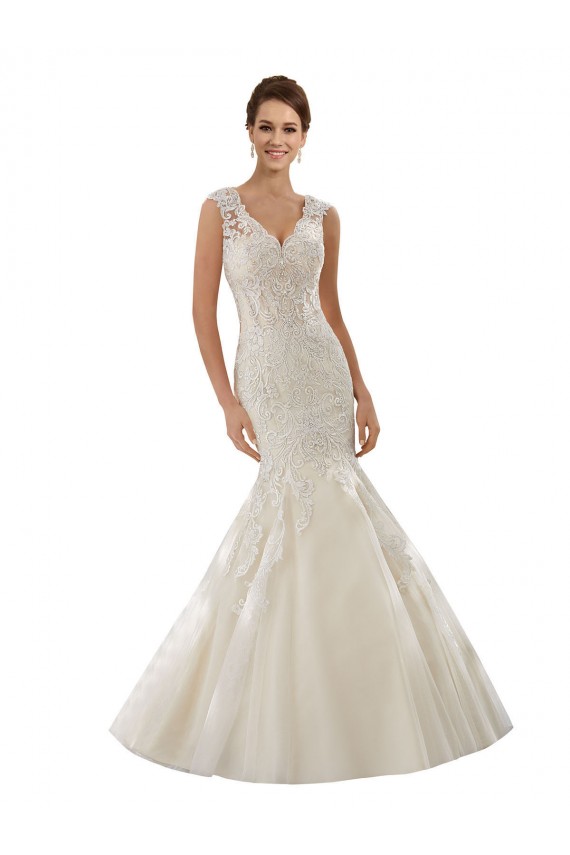 Ivoire & Champagne Sirène Col V Tulle Dentelle Robes de mariée Pas Chère