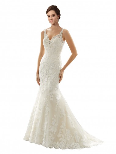 Ivoire & Champagne Sirène Col V Tulle Dentelle Robes de mariée Pas Chre