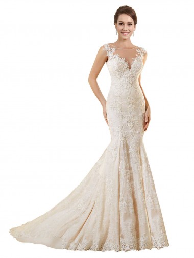Ivoire & Champagne Sirène Illusion Dentelle Robes de mariée Pas Chre
